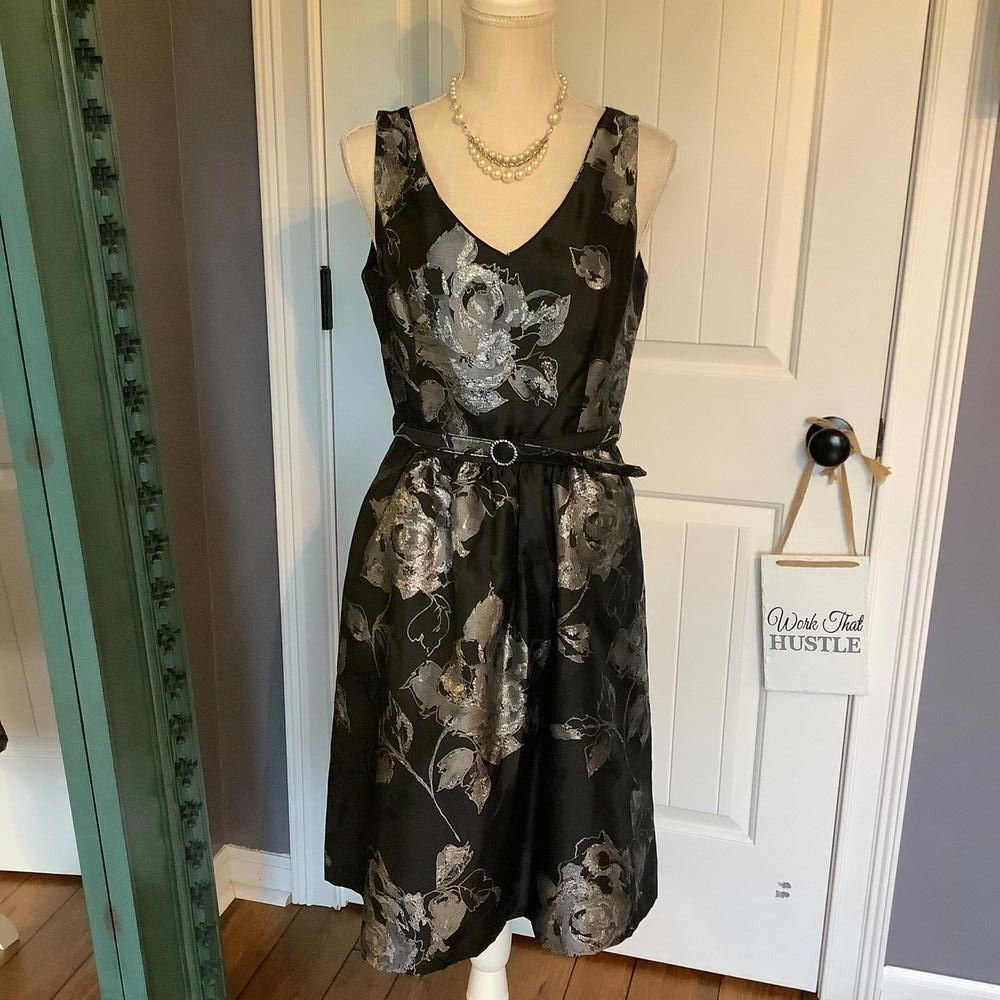 White House Black‎ Market Elegant Black Floral Dress with Belt